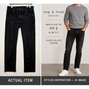 Rag & Bone New York Fit 2‎ Slim Black Jeans Men's 32 Button Fly Denim Wash